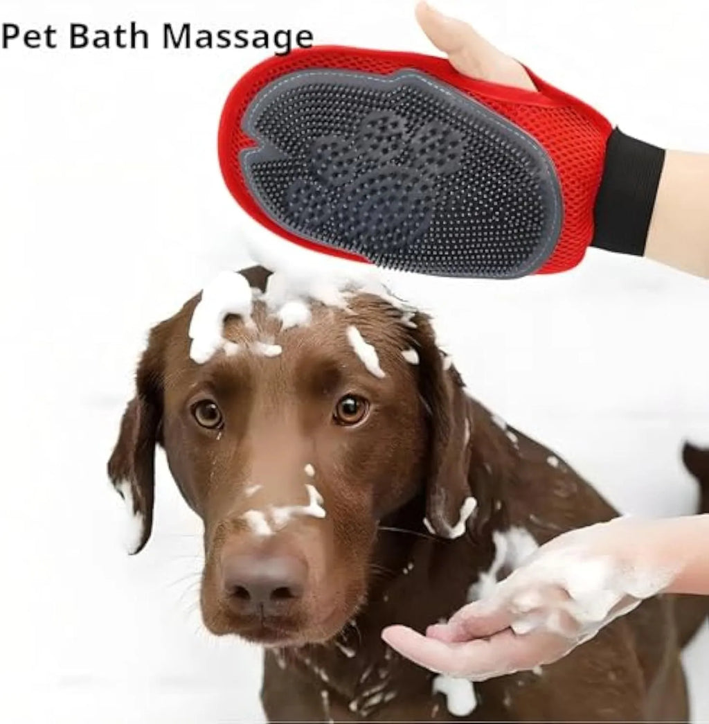Red pet bathing glove with integrated silicone brush bristles for grooming during bath time