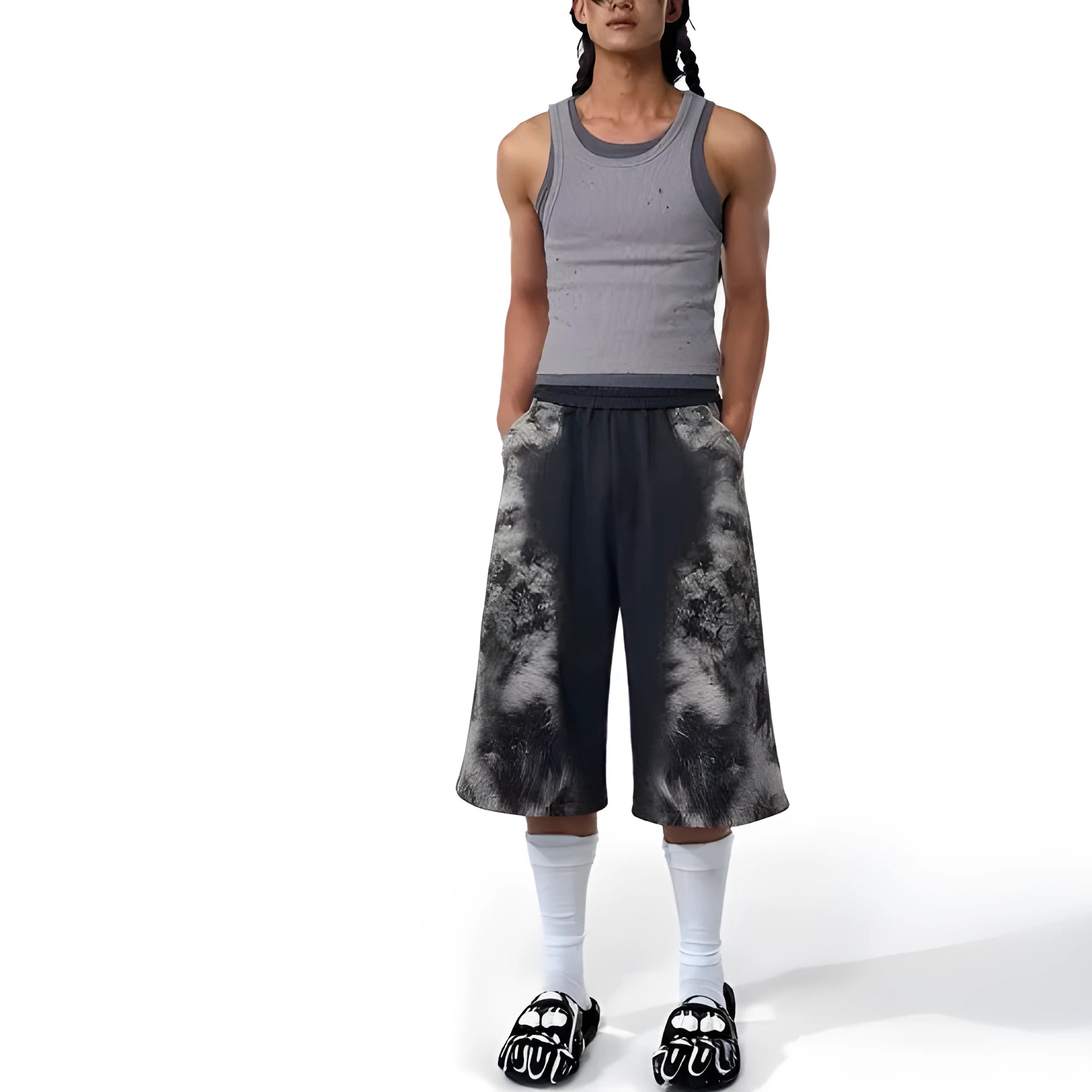 Women's three-piece polyester trousers set with hoodie in loose streetwear style featuring collage stitching