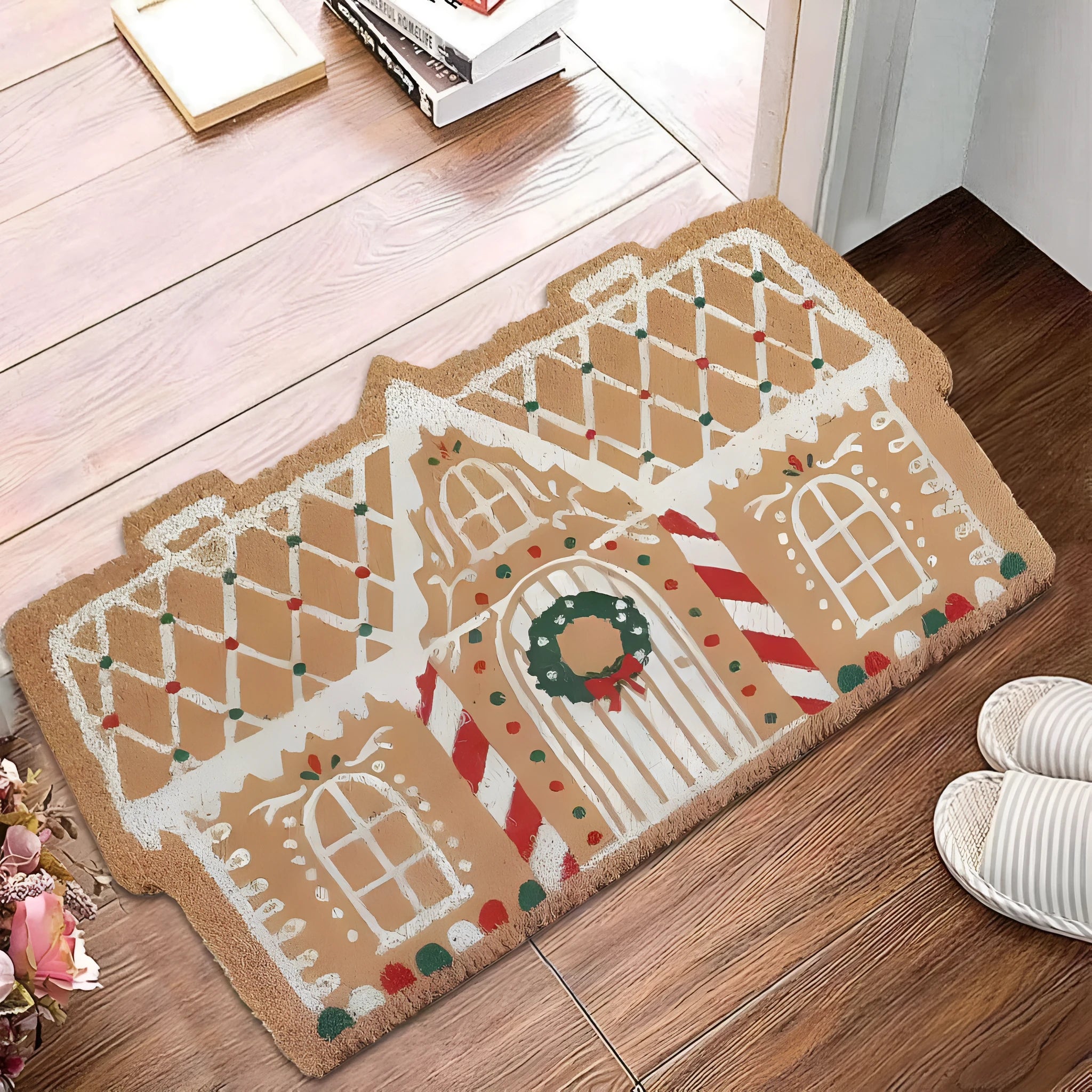 Square Christmas-themed hallway mat with non-slip backing on a wooden floor.