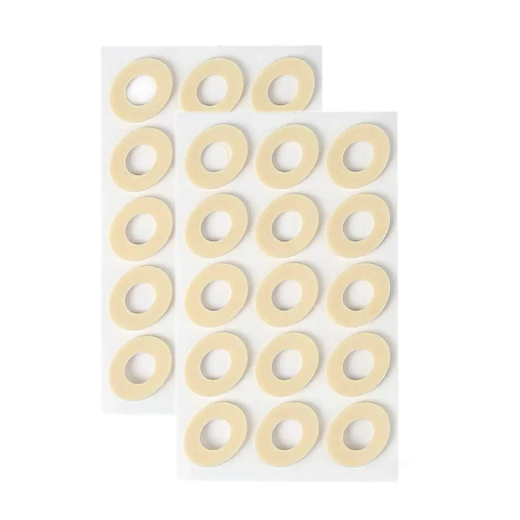 Assortment of clear gel corn protector pads in oval, U-shaped, and circular shapes on a white background.