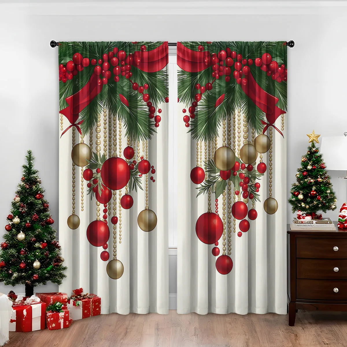 3D digitally printed Christmas curtains in polyester with festive patterns, showing high sunshade function
