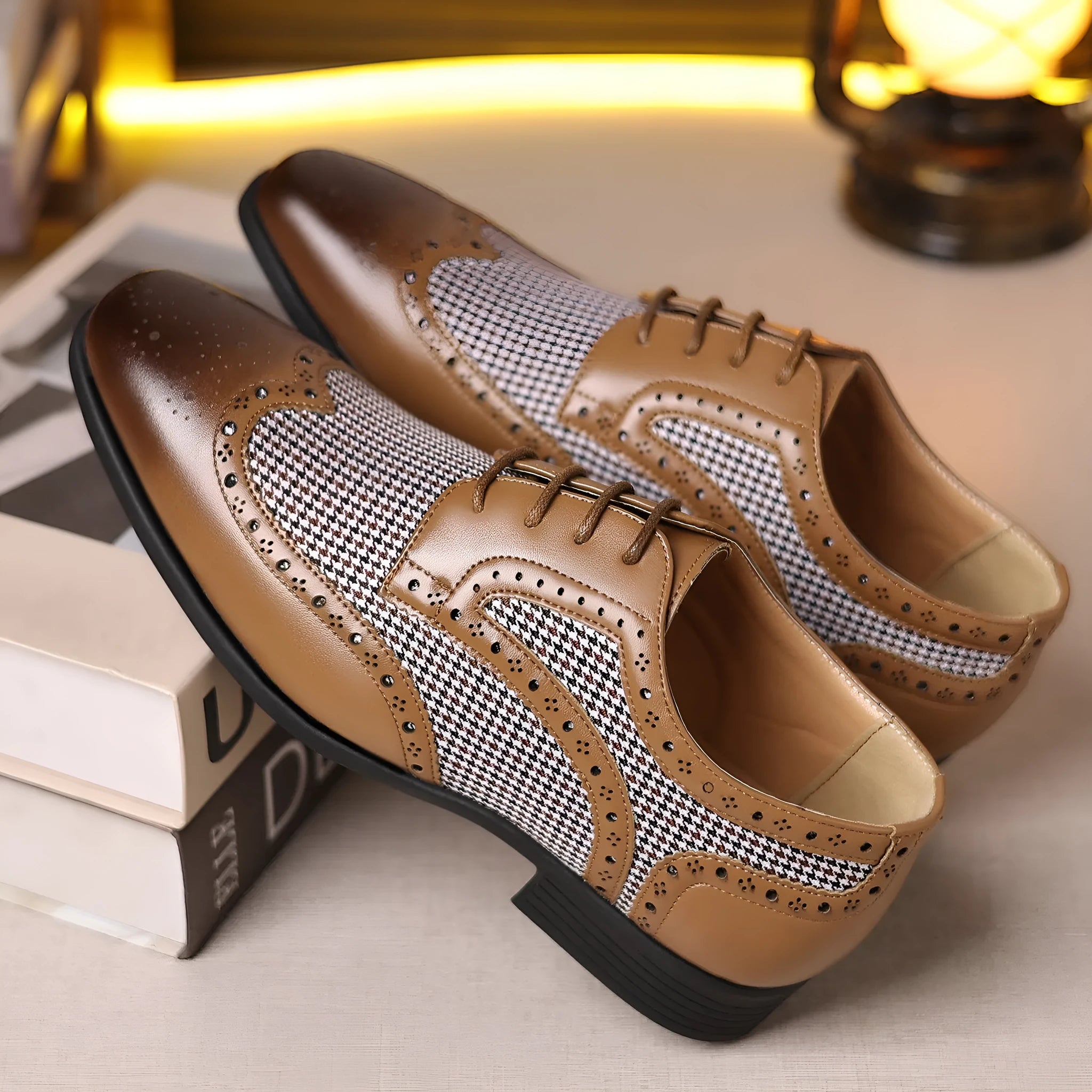 Men's casual plaid shoes with a square toe and lace-up front, in multiple colours.