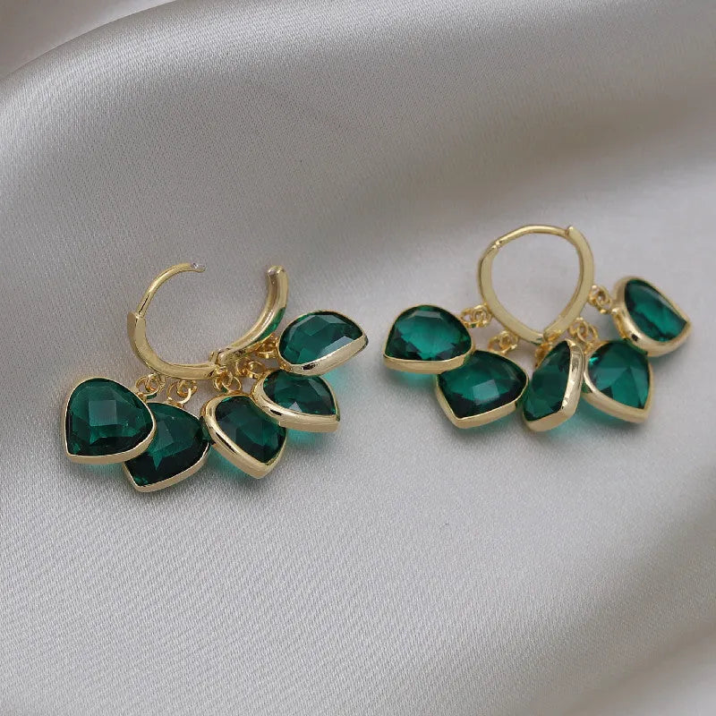 Korean style green heart pendant glass ear clip earrings with alloy inlay artificial gemstone