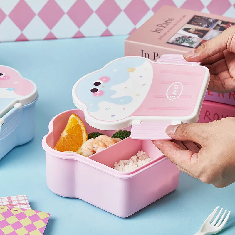 Creative cartoon-style ice cream shaped plastic lunch box with spoon and fork set in pink or blue.