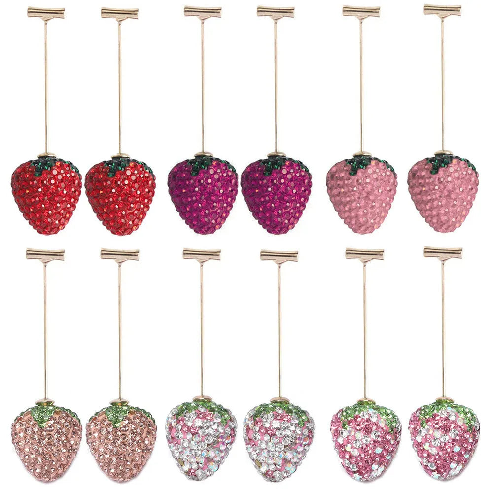 Red zinc alloy strawberry earrings with geometric spot drill design for women.