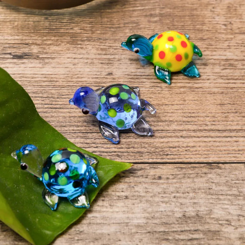 Glass turtle ornament with geometric modern design in six colour variations for desktop decoration