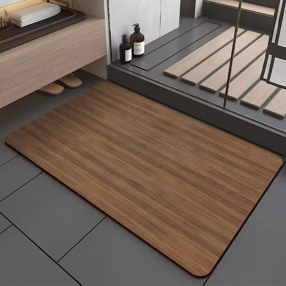 Square diatom ooze floor mat with wood grain pattern for non-slip bathroom use