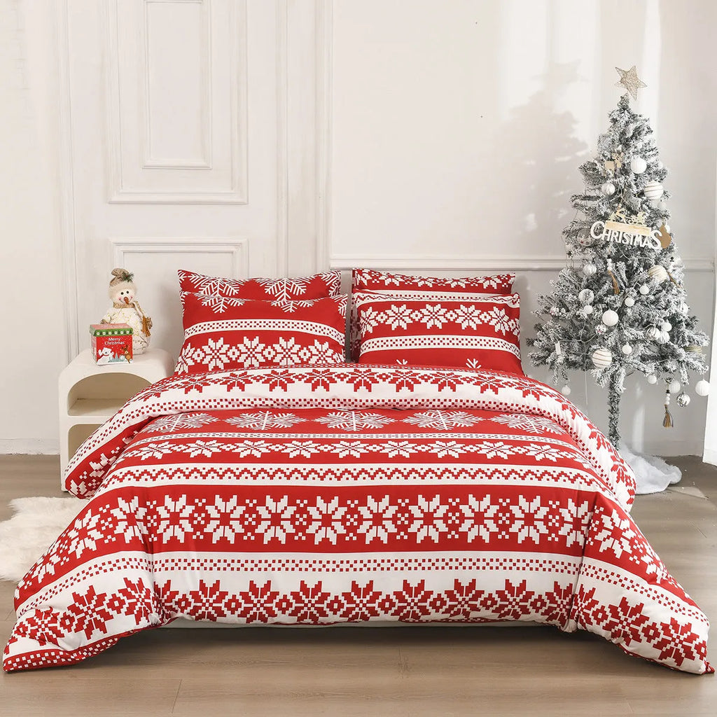 Red Winter Sleepers Christmas Love Song pattern bed three-piece set with quilt cover and pillowcases
