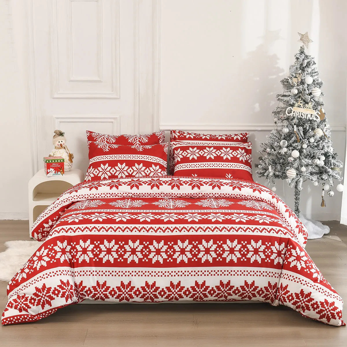 Red Winter Sleepers Christmas Love Song pattern bed three-piece set with quilt cover and pillowcases