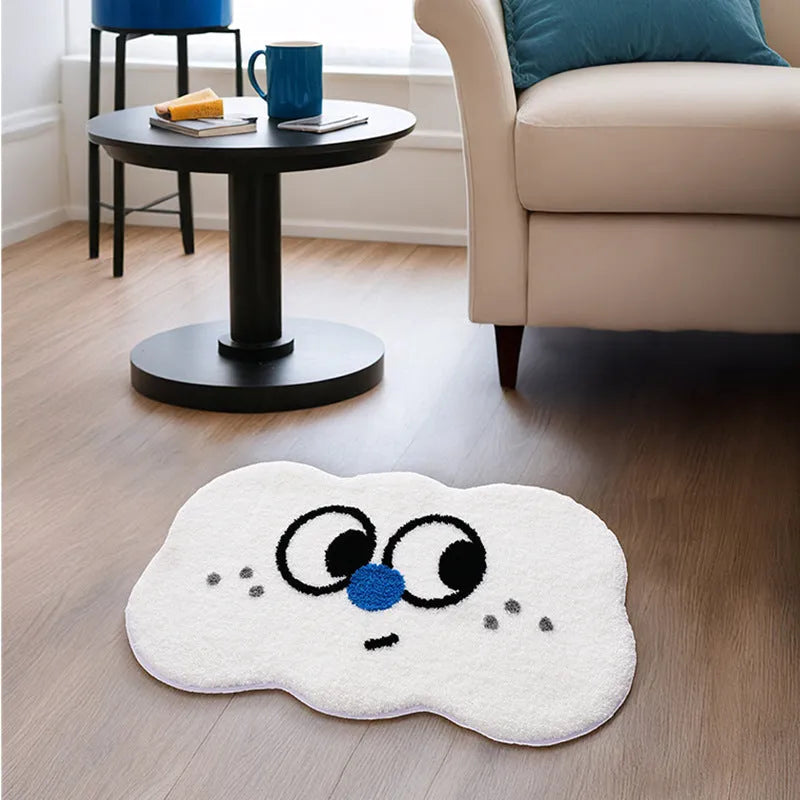 Soft cartoon big eye clouds pattern bathroom mat in green, blue, pink, black, or white.