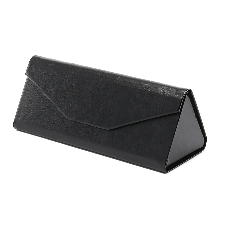 Triangular folding glasses case in various colours showing folded and open positions