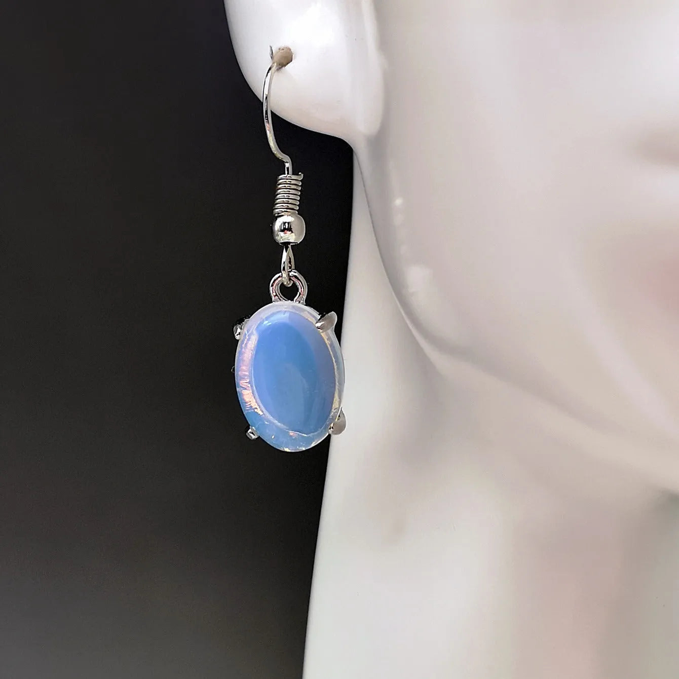 Opal earrings with cross pendant in moonlight white colour, retro moonstone style with drop shape