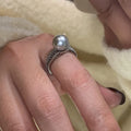 Adjustable opening geometric copper ring for women in black pearl or silver colour
