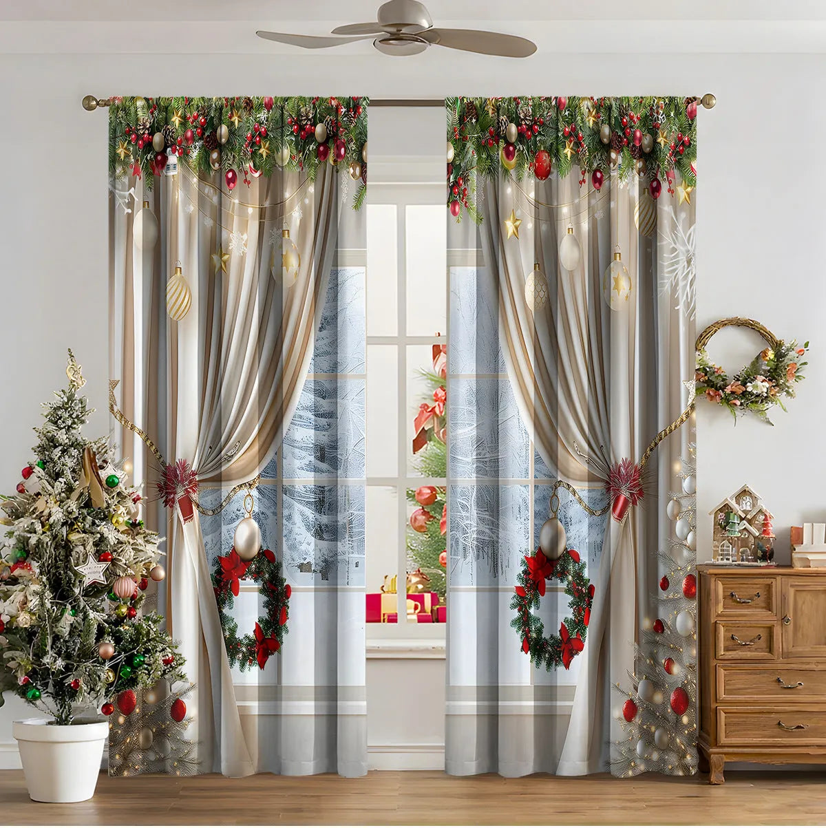 3D digitally printed Christmas curtains in polyester with festive patterns, showing high sunshade function
