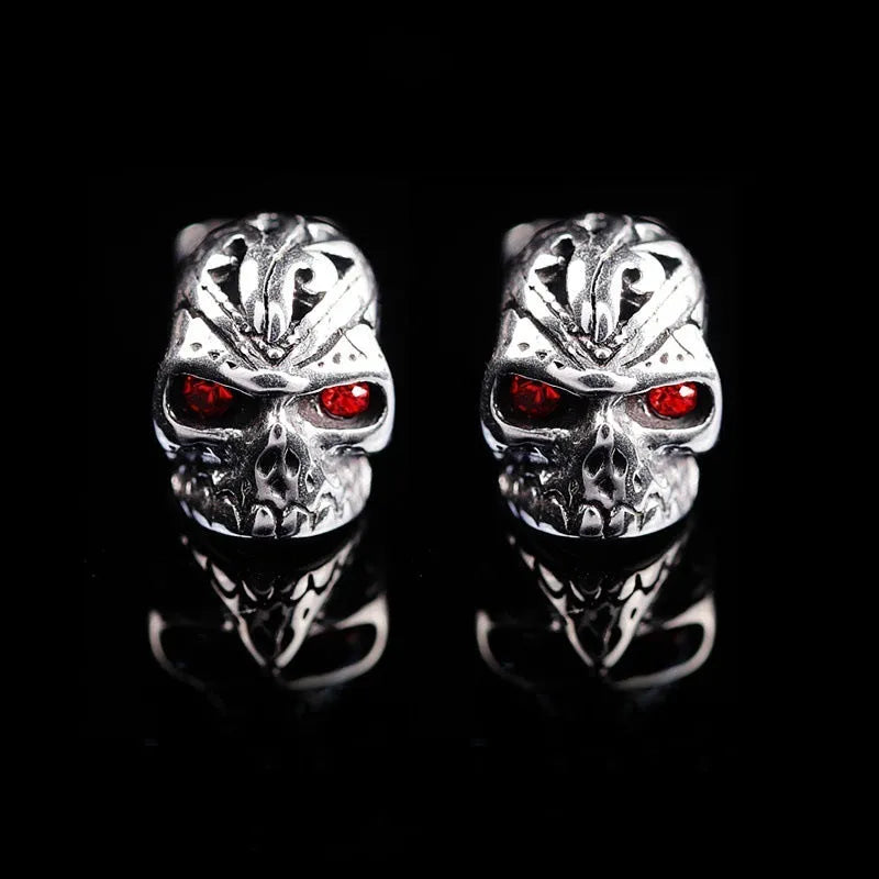 Red eye ghost skull stud earrings with alloy construction and electroplated finish