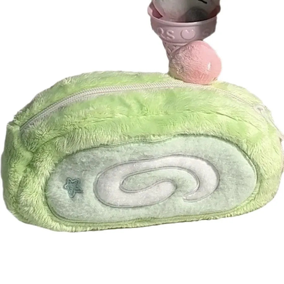Honeydew Swiss roll cake design velvet pencil case in Korean style roll format