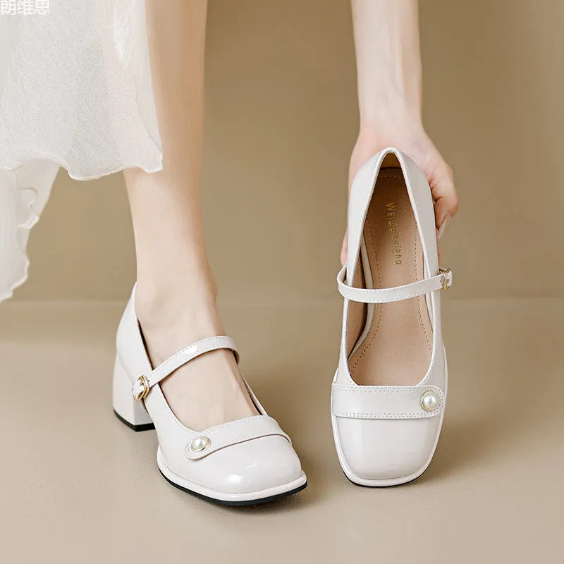 Plus size square toe ankle boots with chunky heel and buckle in patent leather