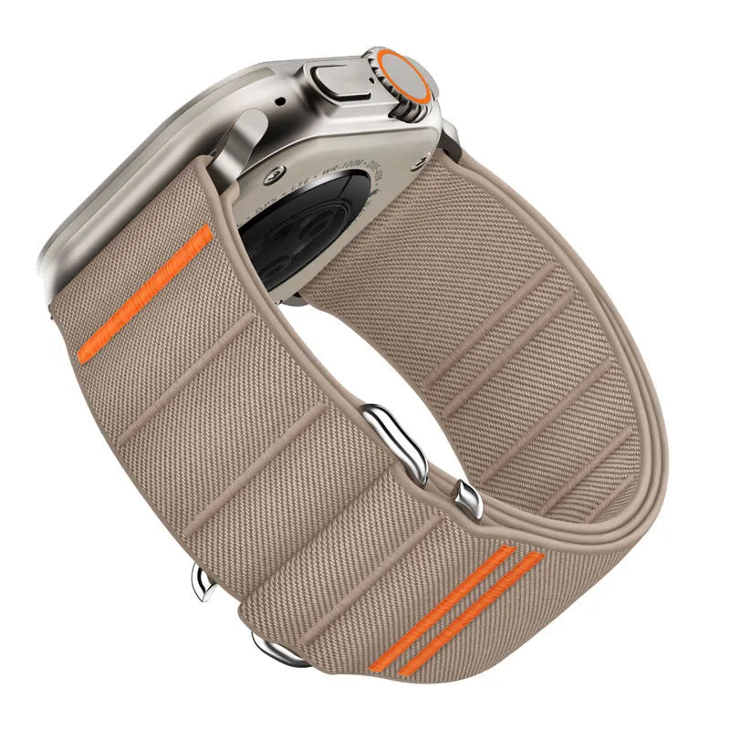 Elastic nylon Apple Watch band with stainless steel buckle shown in Army Green colour.