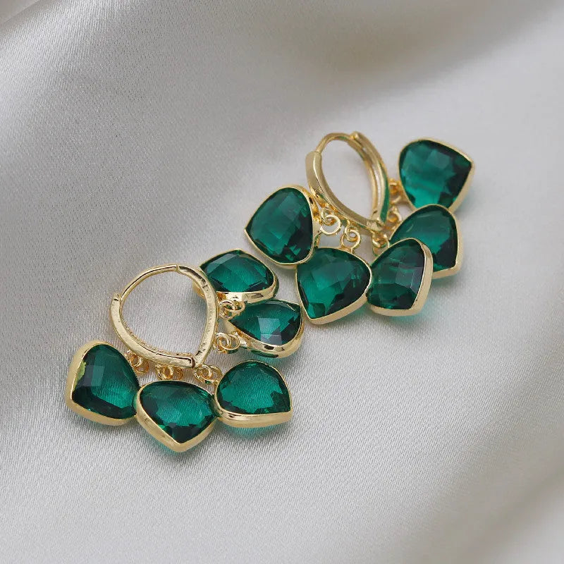 Korean style green heart pendant glass ear clip earrings with alloy inlay artificial gemstone