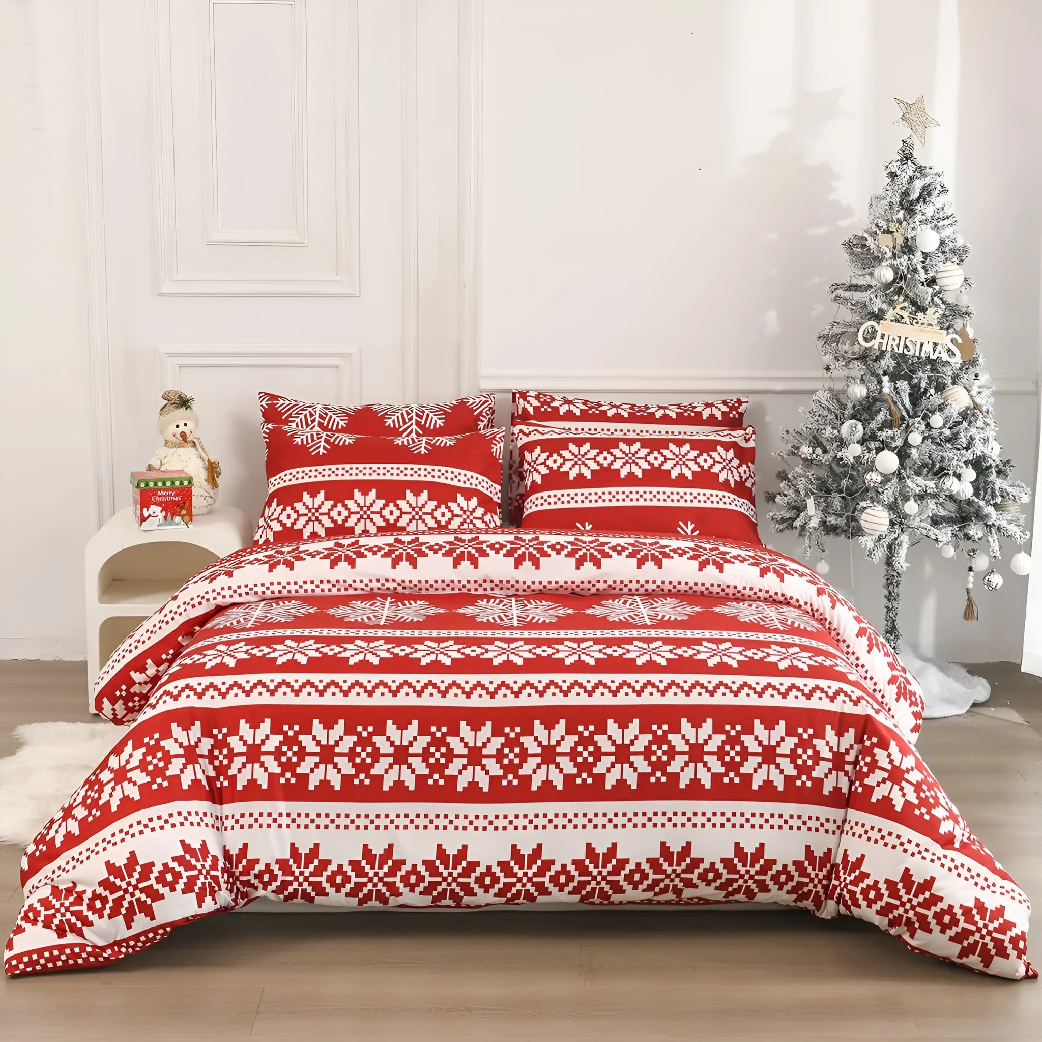 Red Winter Sleepers Christmas Love Song pattern bed three-piece set with quilt cover and pillowcases