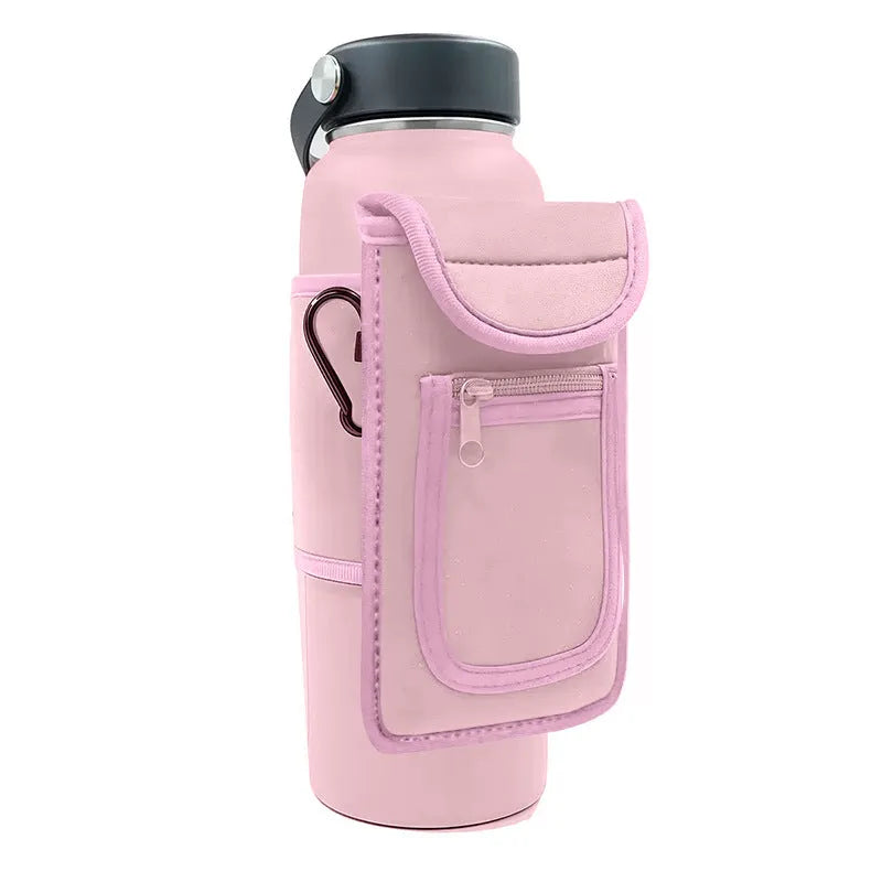Cloth fitness cup sleeve for large bottles with magnetic or climbing carabiner fastening in various colours