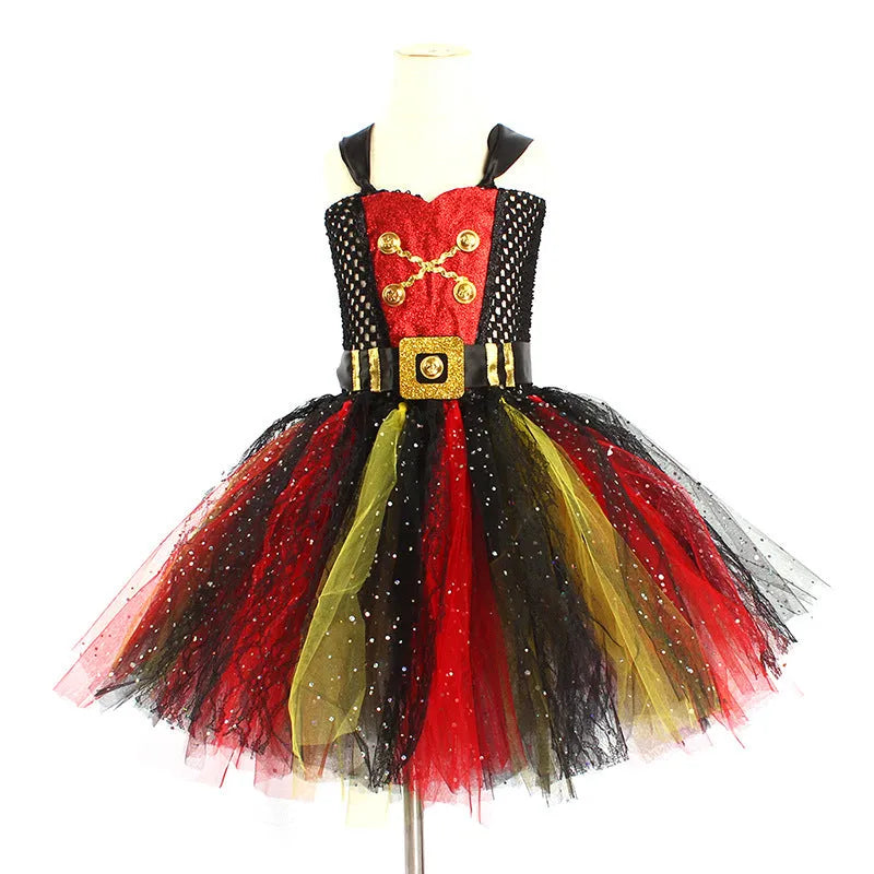 A sleeveless girls pirate dress costume with sequin and mesh decoration, shown with an optional black eye mask.