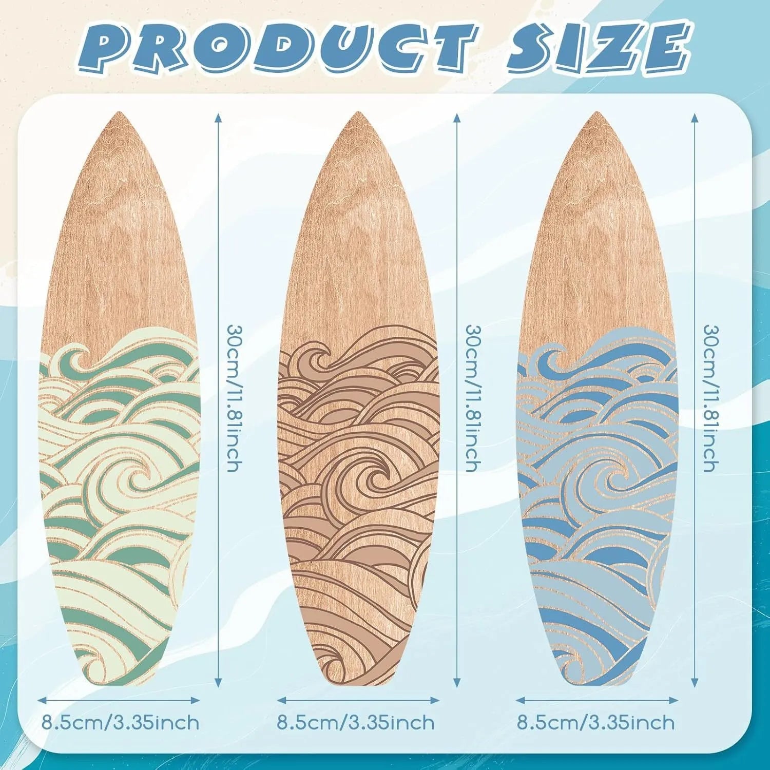 Three identical wooden surfboard-shaped wall decorations on a light background