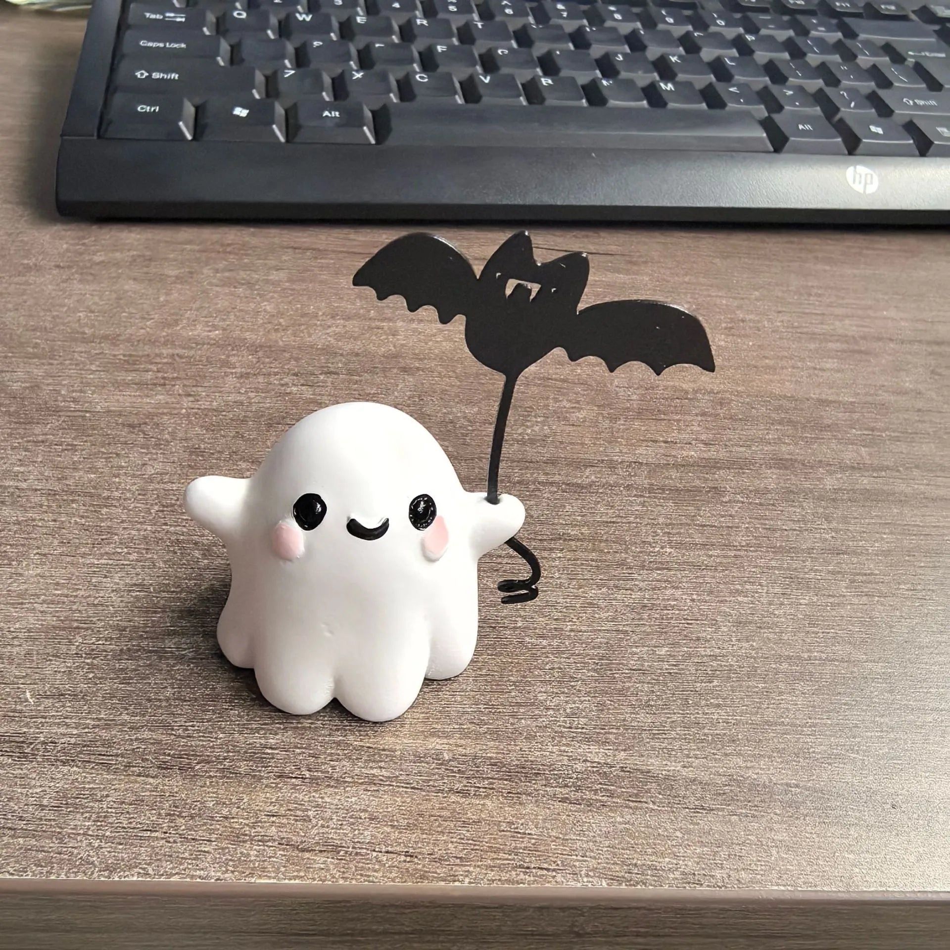 Mini resin ghost walking dog statue holding a bat, Halloween decoration
