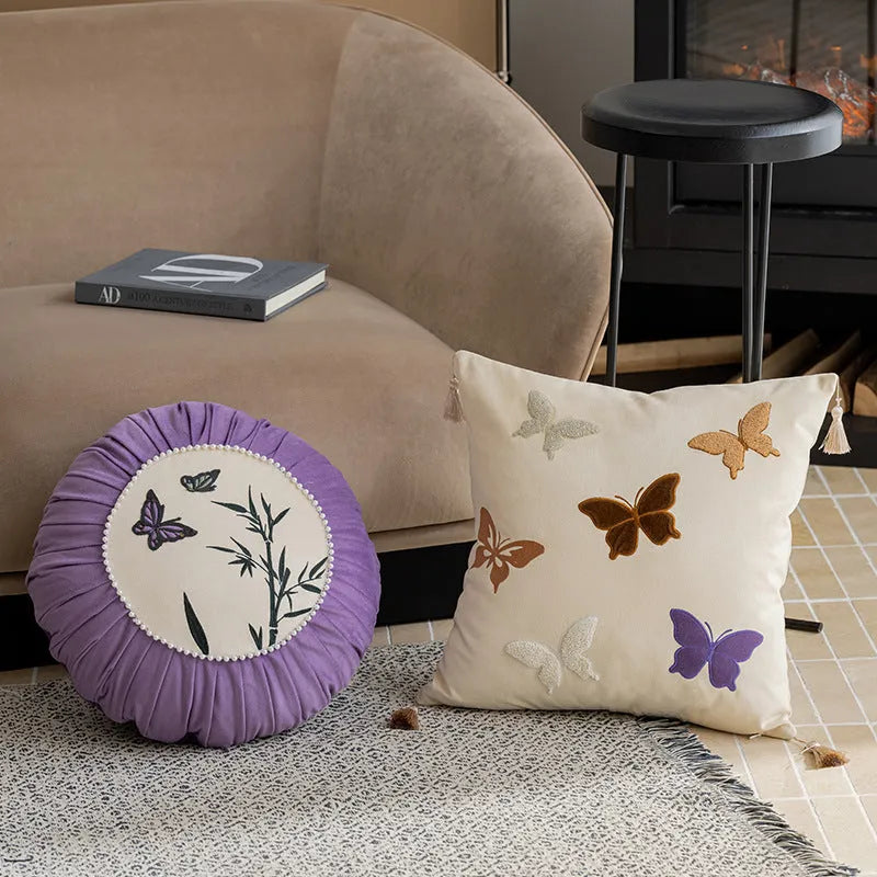 Square butterfly embroidery cushion in beige, black, or purple, 45x45cm.