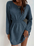 Blue knitted dress with hand-crocheted flowers, French loose neckline and fitted waist