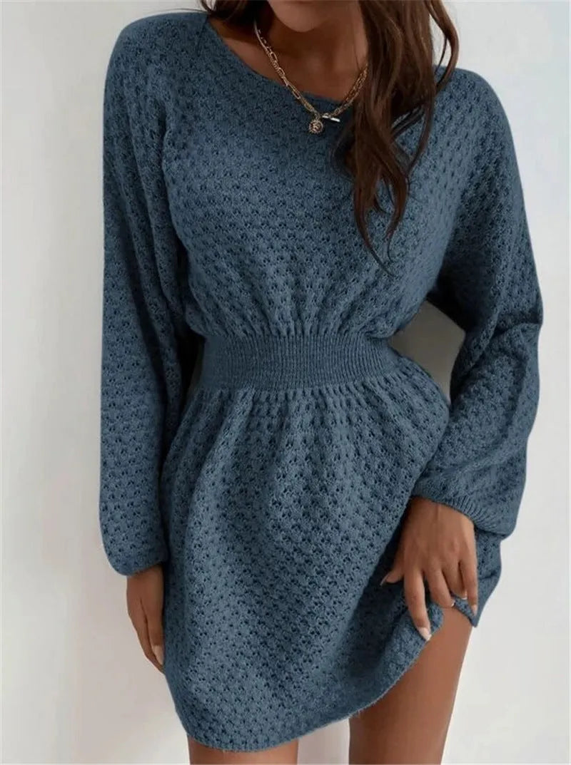 Blue knitted dress with hand-crocheted flowers, French loose neckline and fitted waist