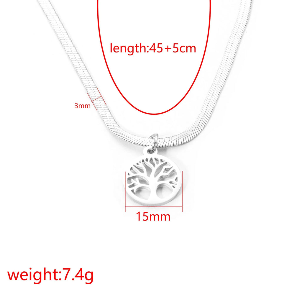 Stainless steel necklace with U-shaped tree pendant on adjustable snake bone chain in gold colour