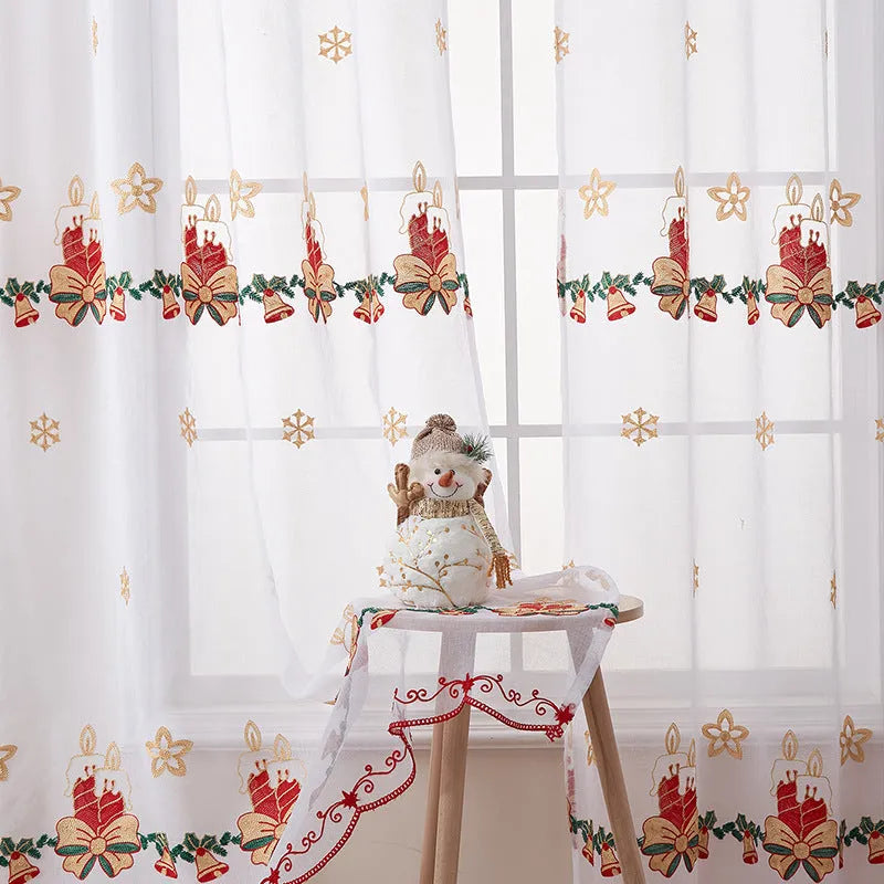 American style Christmas curtains with white snowflake embroidery on red background