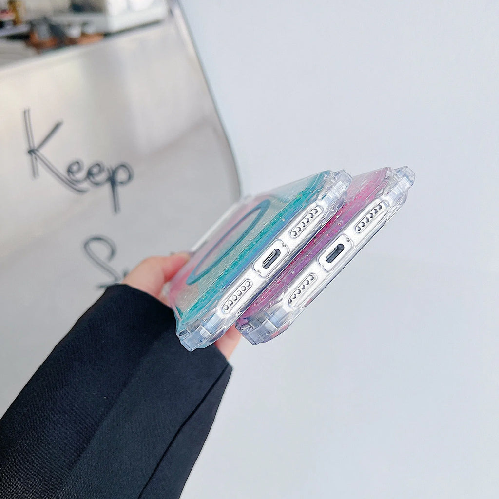 Glitter magnetic drop-resistant TPU phone case for iPhone 16 Pro with frosted finish in pink blue colour option