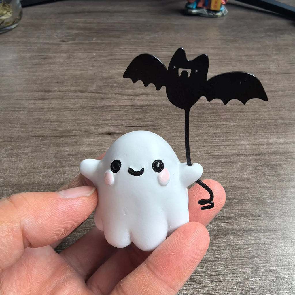 Mini resin ghost walking dog statue holding a bat, Halloween decoration