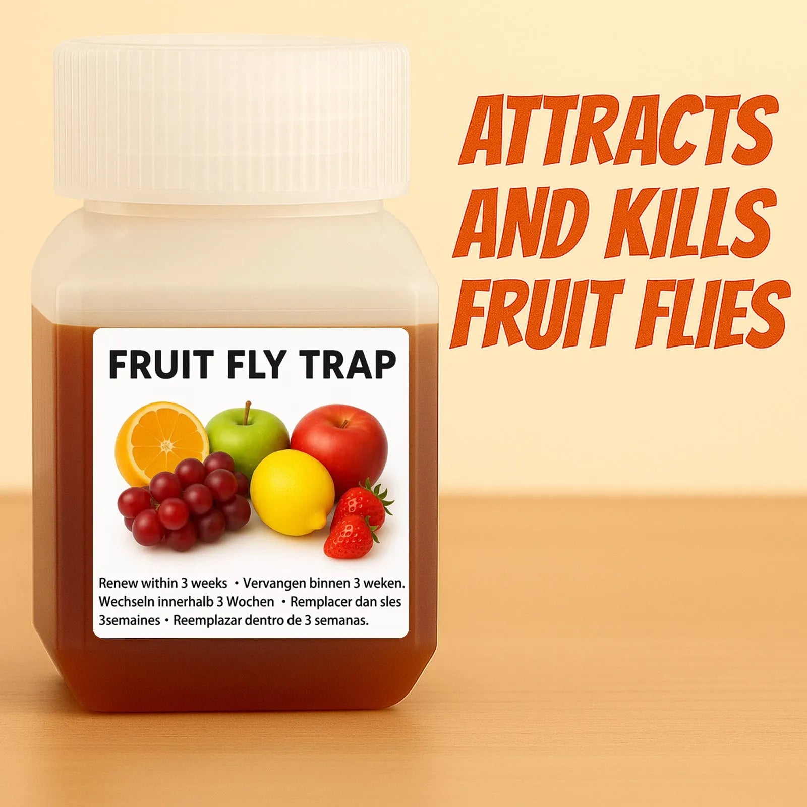 Bottle of fruit fly bait liquid with SK003 labeling, shown with funnel accessory option