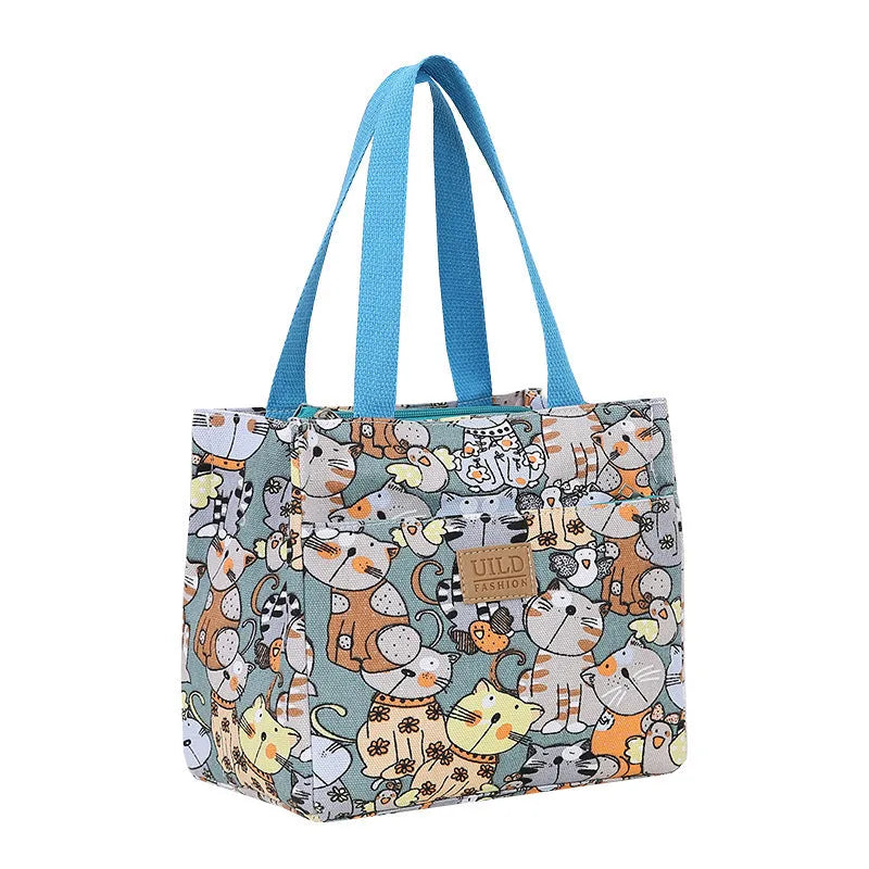 Women's printed canvas handbag with aluminium frame in horizontal square shape showing flower design options