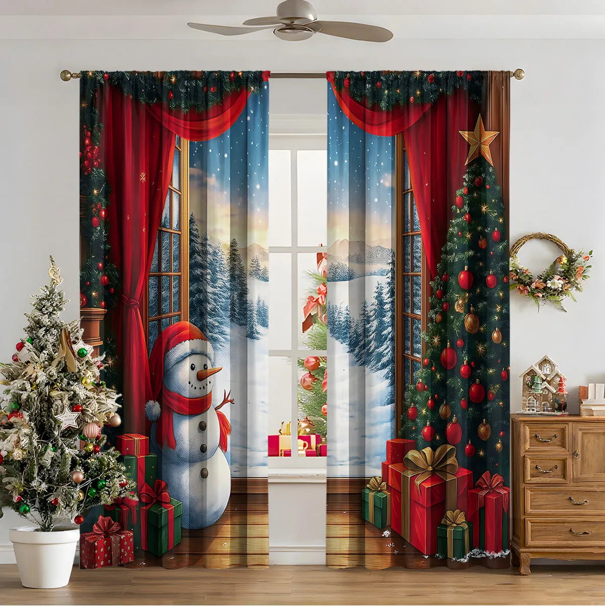 3D digitally printed Christmas curtains in polyester with festive patterns, showing high sunshade function