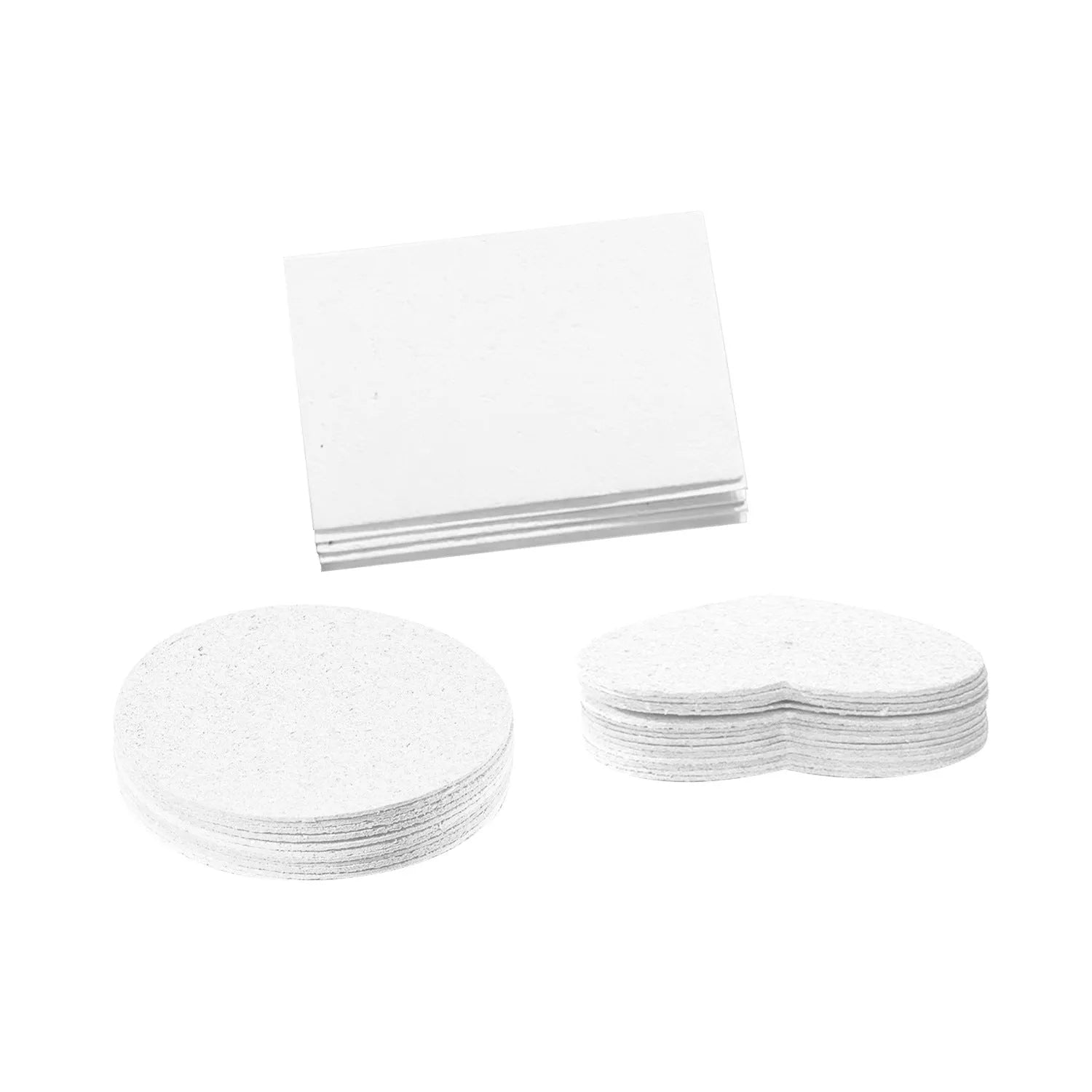 Cartoon wood pulp painting sponge set with heart, round, and square shapes next to six fountain pens