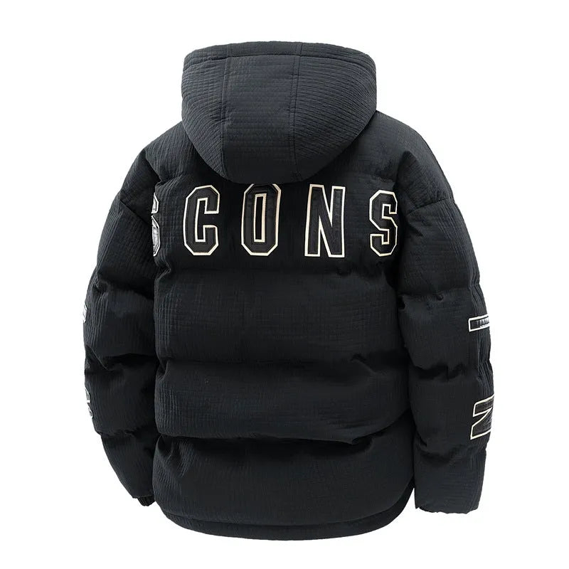 Men's black hooded cotton-padded cardigan coat with side pockets on a neutral background.