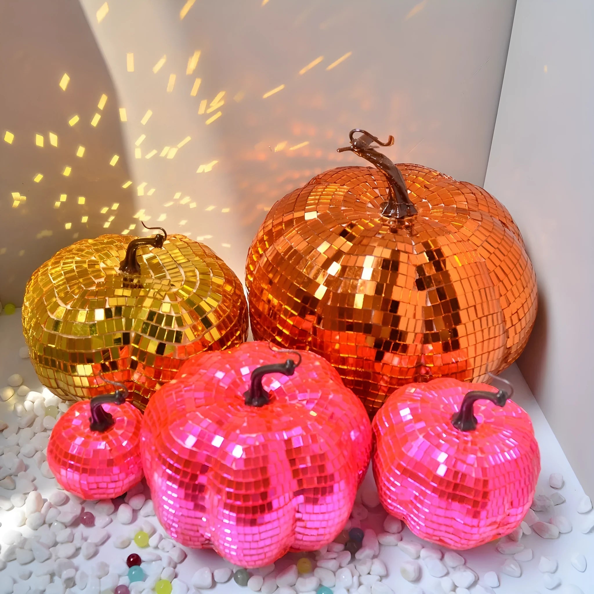 Glass pumpkin mirror ornament in Chinese style with embroidered details, available in five sizes for Halloween and Christmas decor.