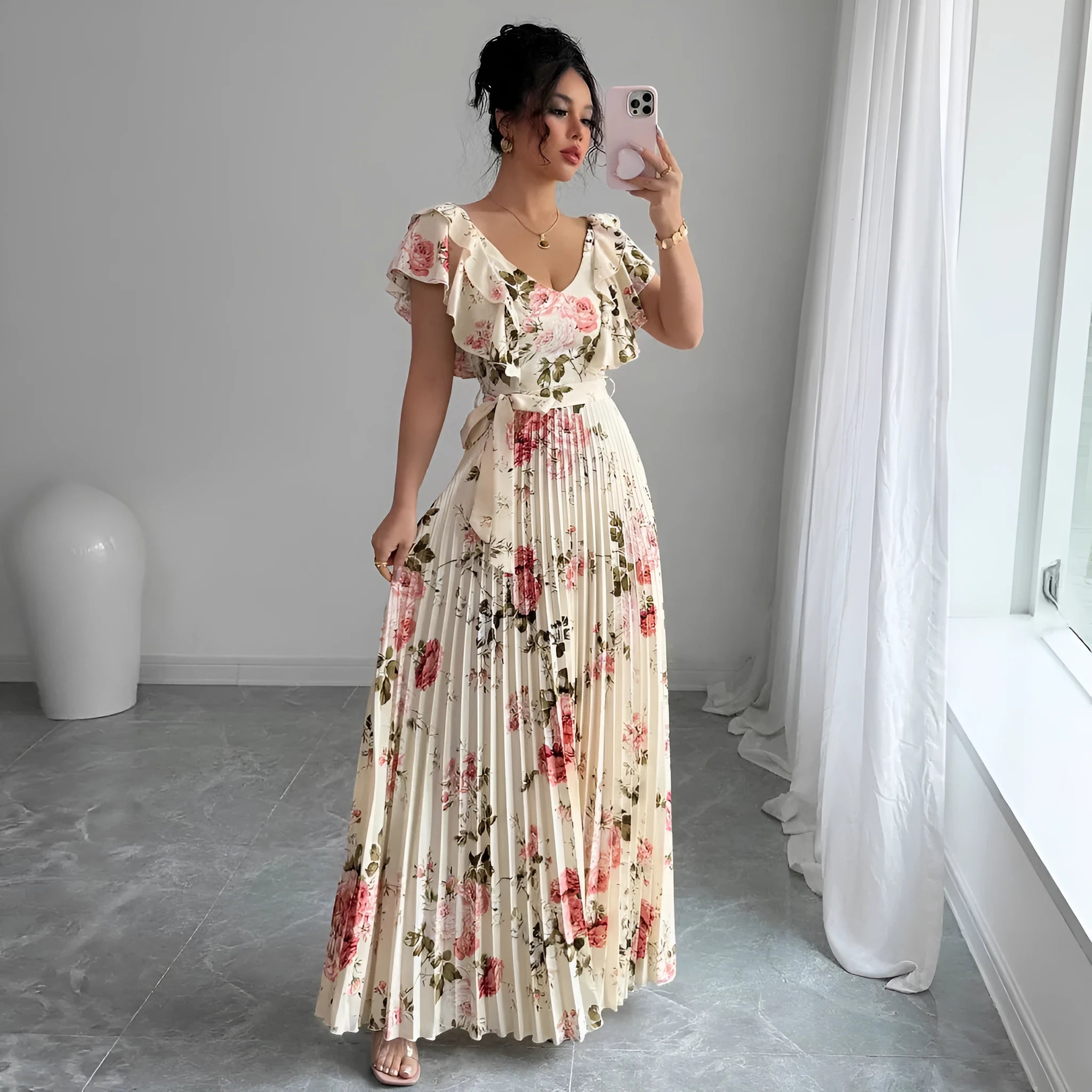 Women's apricot floral print V-neck dress with oversized swing skirt and ruffle sleeves