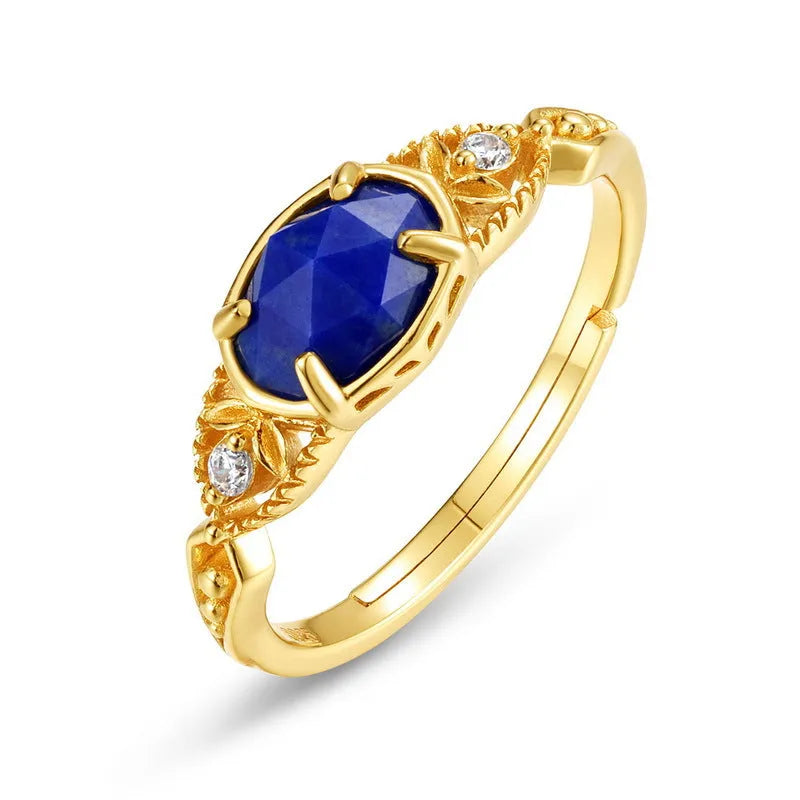 Japanese style silver ring with oval lapis lazuli stone and geometric design