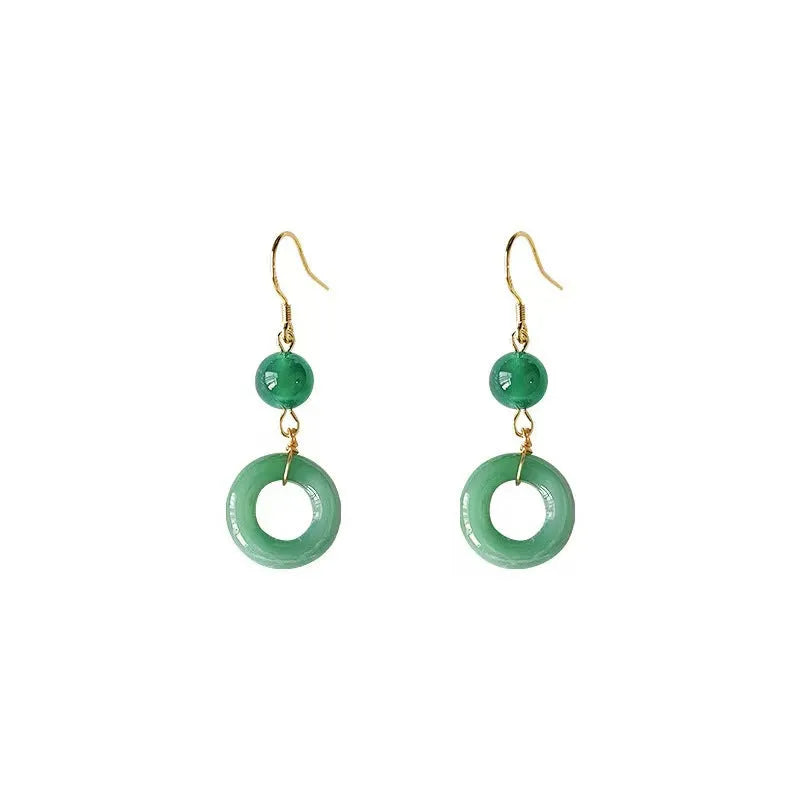 Green geometric peace buckle Chinese-style earrings made from zinc alloy with 14K gold purity plating