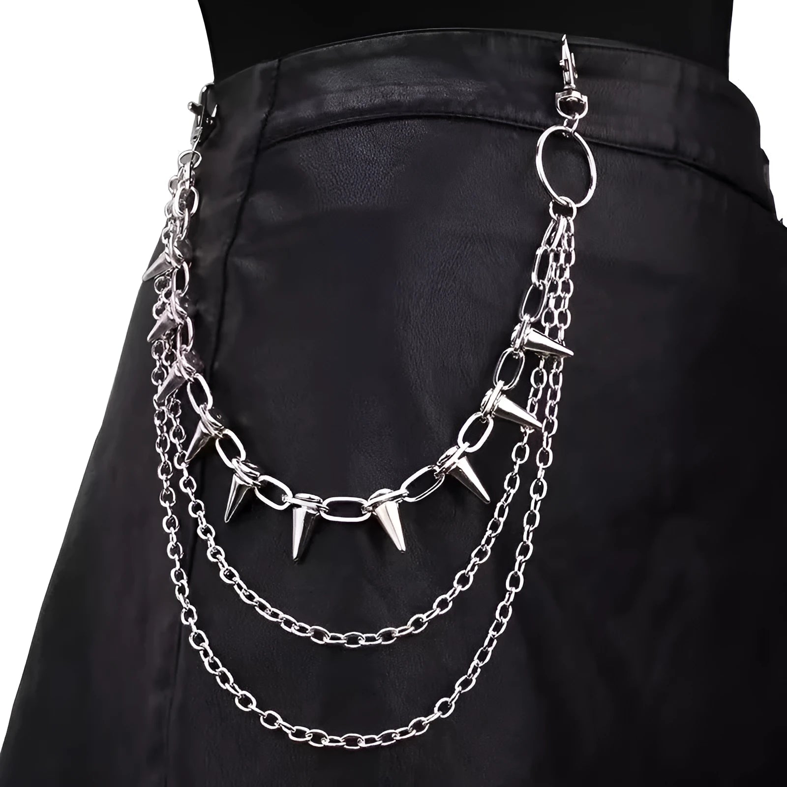 Silver metal trousers chain with double-layer design and rivet detailing measuring 115cm