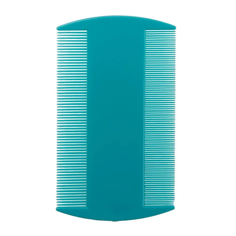 Double-edged fine tooth plastic lice and flea comb in assorted colours, showing compact size