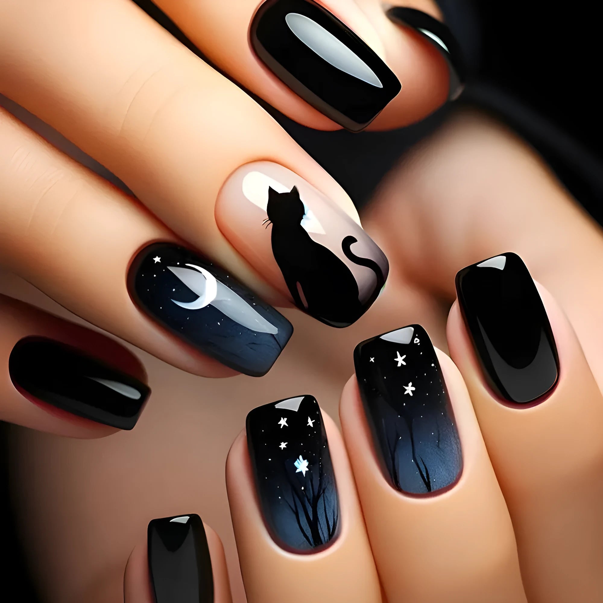 Cat Moon fake nails removable armour medium European square CW405 with black jelly glue
