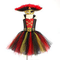 A sleeveless girls pirate dress costume with sequin and mesh decoration, shown with an optional black eye mask.