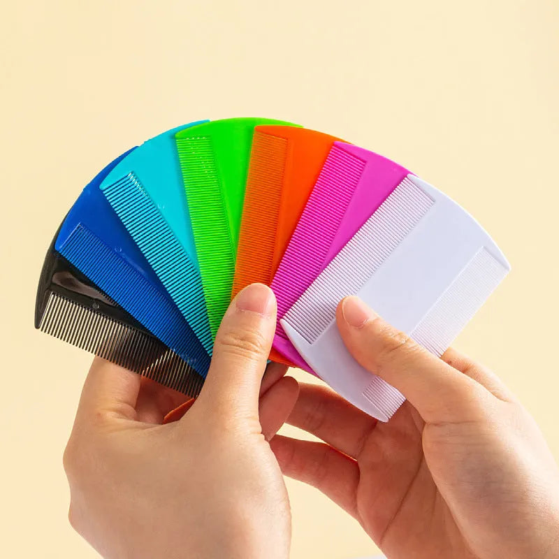 Double-edged fine tooth plastic lice and flea comb in assorted colours, showing compact size