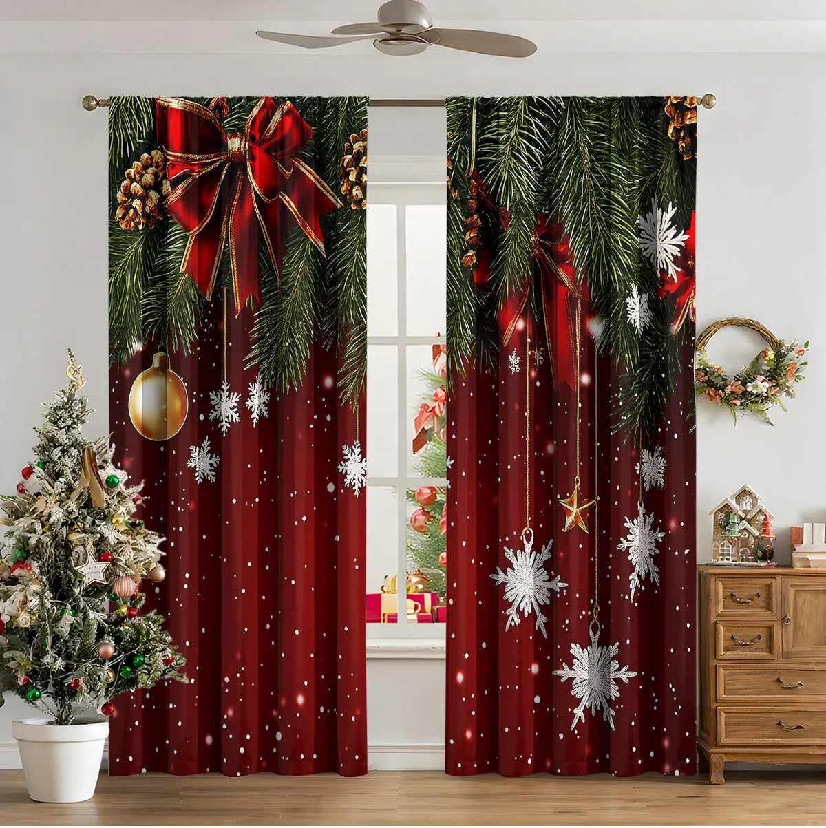 3D digitally printed Christmas curtains in polyester with festive patterns, showing high sunshade function